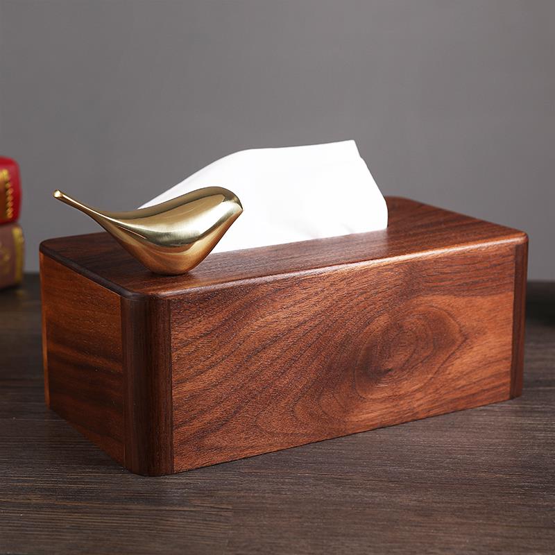 北美黑胡桃木高档轻奢客厅纸巾盒新中式实木高级中古卫生纸盒小摆
