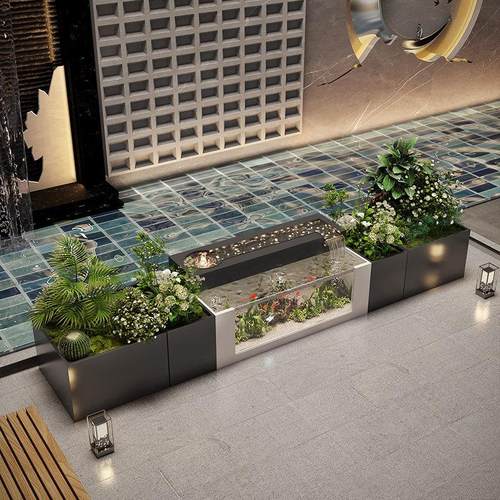 不锈钢长方形金属玻璃鱼池流水鱼缸庭院天台室内别墅鱼池