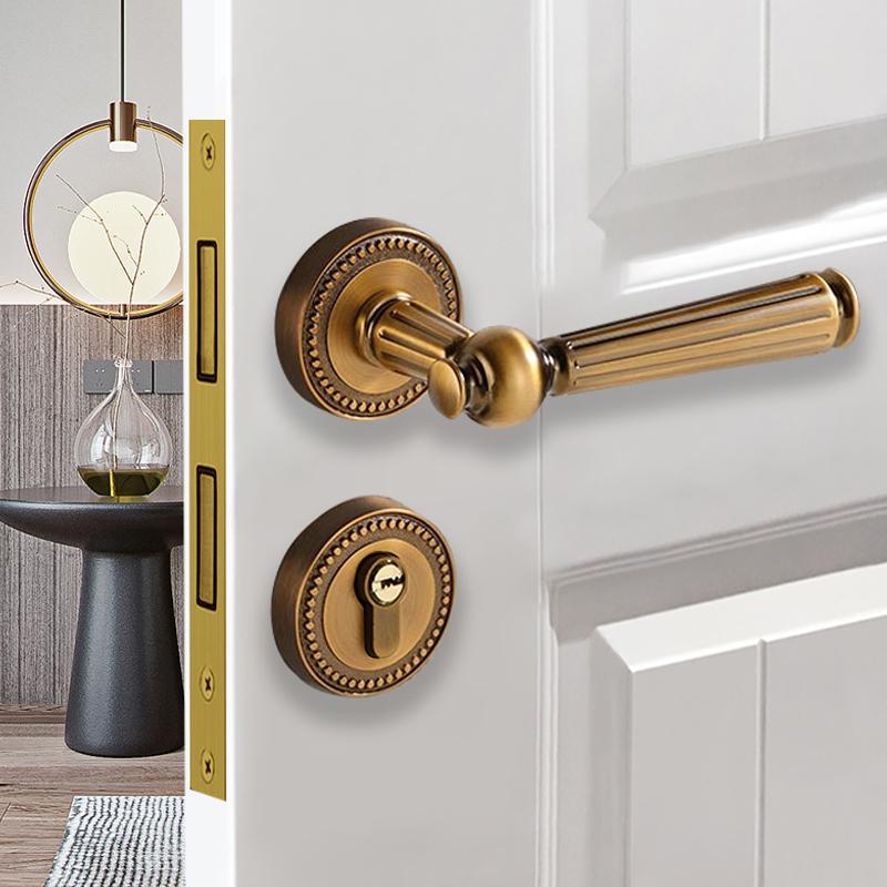 室内木门锁法式黄古铜门锁房间复古门把手欧式磁吸静音分体房门锁