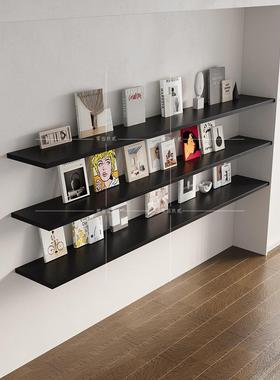 实木一字隔板黑色置物架简约现代客厅电视背景墙收纳悬空壁挂层板