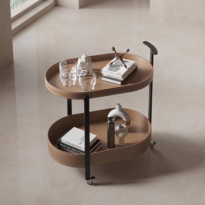意式极简马鞍皮沙发边几客厅沙发小推车茶几移动家用带轮置物架