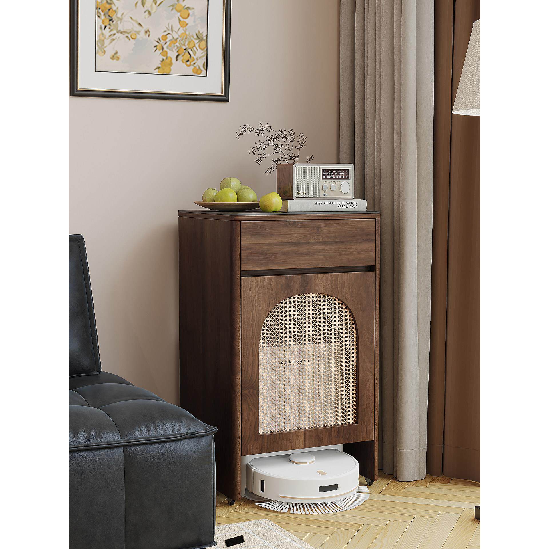 扫地机器人置物柜客厅沙发边柜藤编置物架下空式石头基站收纳柜子