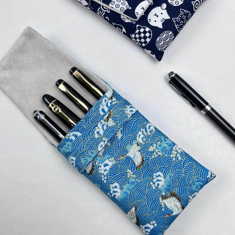布邑四支装钢笔袋可携式笔包蓝色烫金鹤笔套保护袋收纳绒布内里可