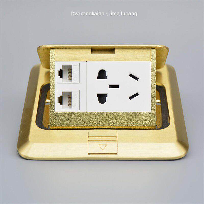 双网络带电源组合地插 超五类网线电脑地面插座 弹起式全铜地板插