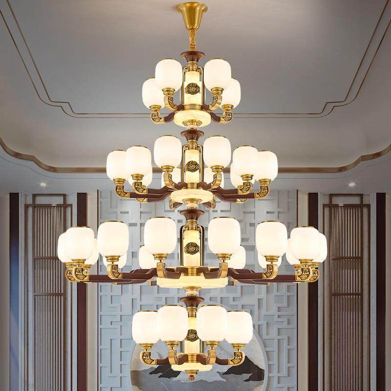 全铜实木新中式别墅客厅挑空大吊灯高端大气复式楼大厅餐厅玉石灯