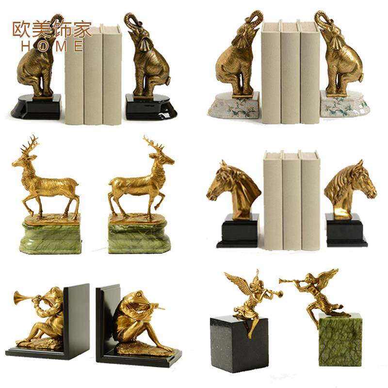 陶瓷配铜装饰摆件 欧式书房家居饰品 别墅会所陶瓷配铜大象书档