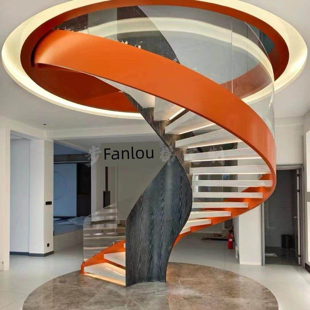 北京旋转楼梯锻铁钢板护栏阁楼室内实木楼梯住宅双层玻璃整体楼梯