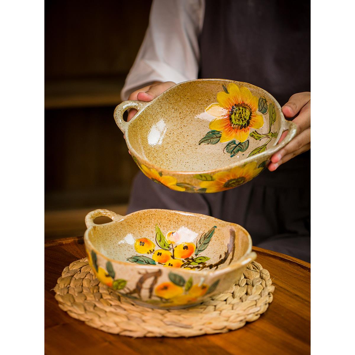 中式覆古陶瓷面碗大号釉下彩手绘粗陶手作餐具双耳果盘菜盘泡面碗