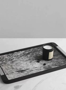 欧式轻奢简约长方形金属实木马毛托盘摆件样板间茶几玄关收纳盘