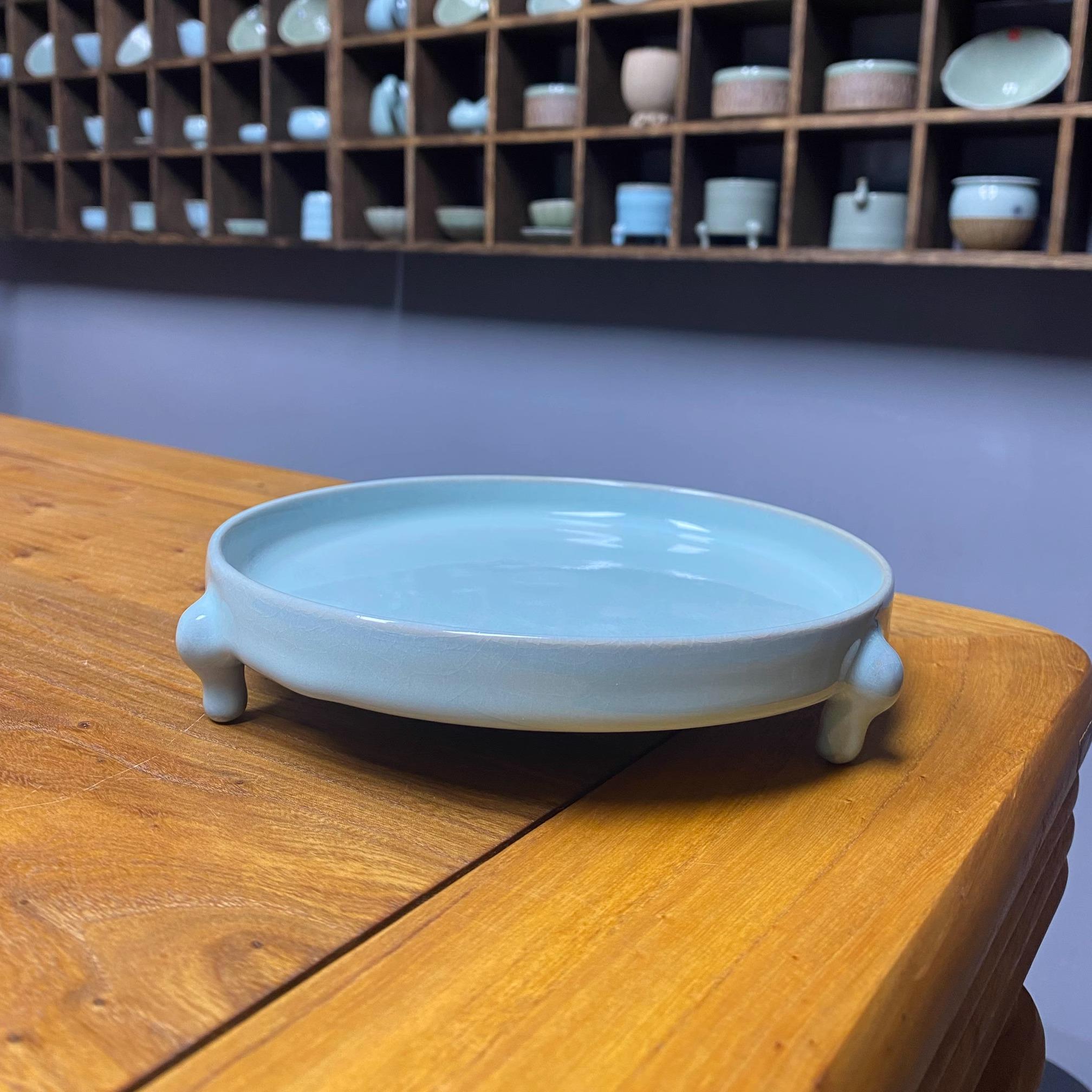 宋汝窑天青釉三足洗古董古玩仿古瓷做旧文房用品收藏家居摆件把玩