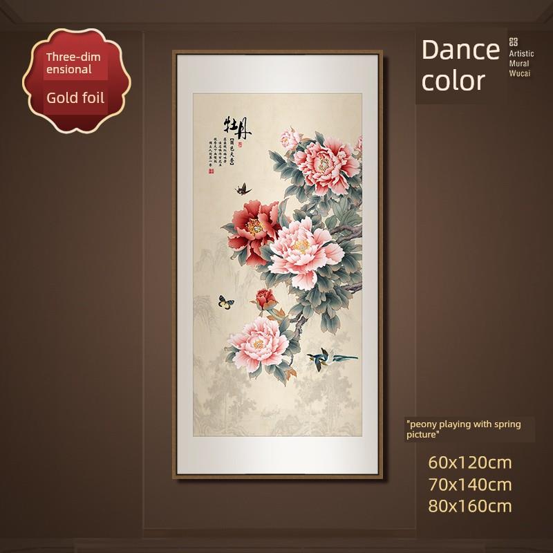 牡丹花鸟入口装饰画竖花盛开富金箔画走廊通道入口门浮雕画新风格