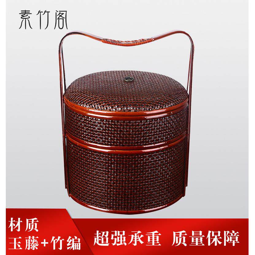 竹编制品提篮送餐篮子多层外卖手提食盒中式仿古结婚用喜篮野餐篮