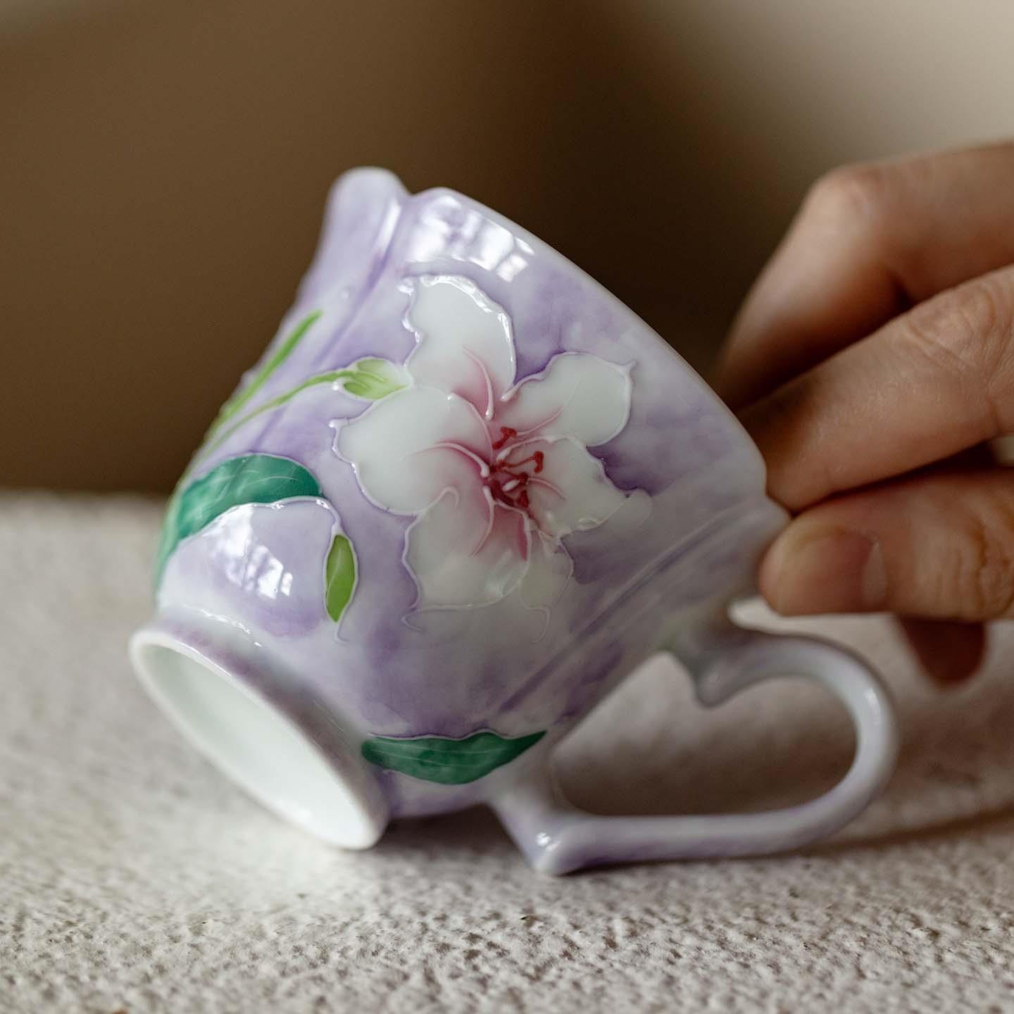 梵汝有田烧手绘百合花主人杯带把喝茶杯女士高颜值功夫茶具品茗杯