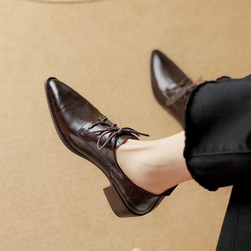 春秋棕色复古软皮l系带尖头小皮鞋女英伦风中跟粗跟牛津鞋深口单