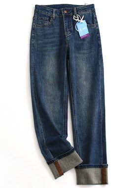 蓝色磨白显瘦遮跨高腰梨型身v材显腿直直筒裤新款百搭女牛仔裤M29