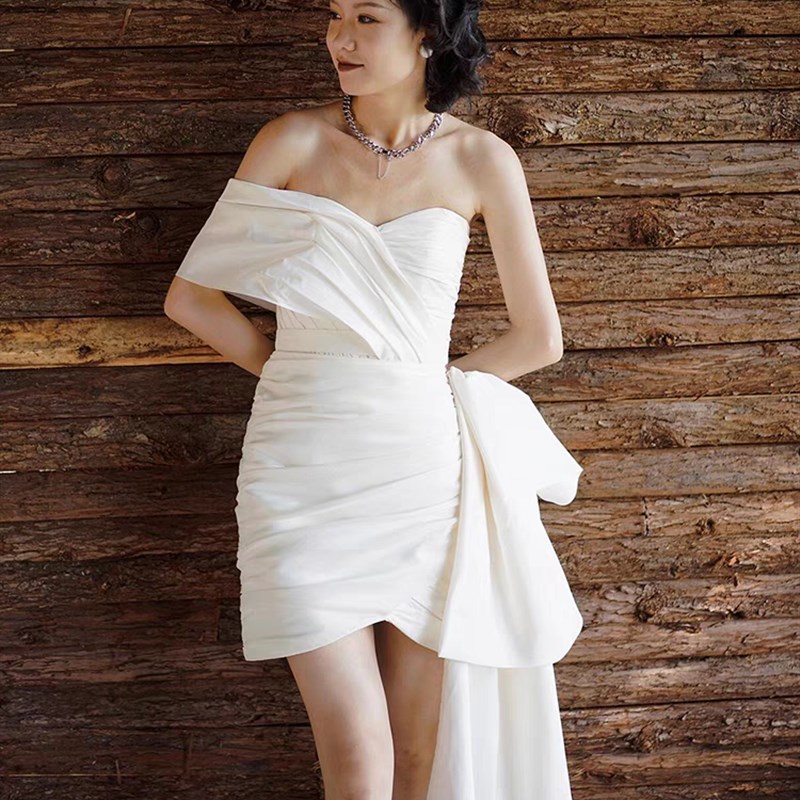 法式白色抹胸缎面晨袍新娘订婚登记领证出门纱生日旅拍小晚礼服裙