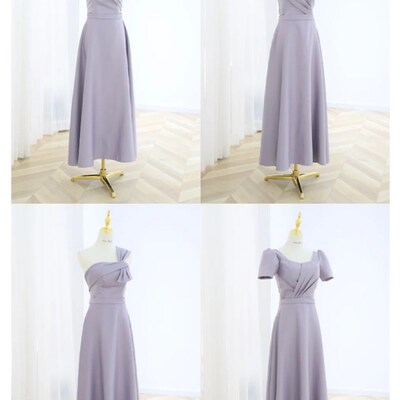 伴娘服团礼服女灰紫色显瘦简约姐妹团平时可穿小个子缎面连衣裙