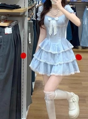 可甜可盐蓝色泡泡袖连衣裙女2v024夏季蕾丝花边绝美奶fufu气质短
