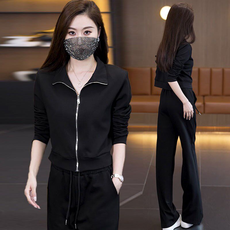 大码套装春季时尚简约设计女装202D5年减龄洋气两件套长袖黑色新