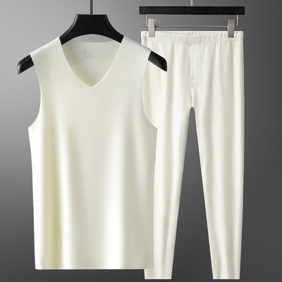 冬季保暖背心套装男士白色羽毛加厚坎肩无痕VP领打底德绒秋衣秋裤