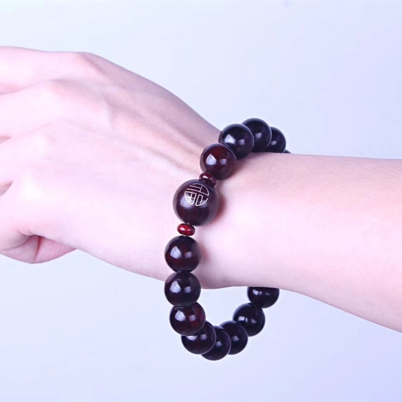 小叶紫檀1.2圆珠珠高油密老料搭配雕刻福字珠手串佛珠男女款