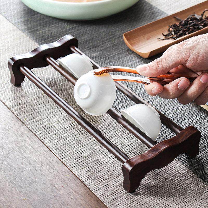 黑檀木功夫茶杯收纳架单层晾杯架茶具沥水置物架实木杯托茶道配件