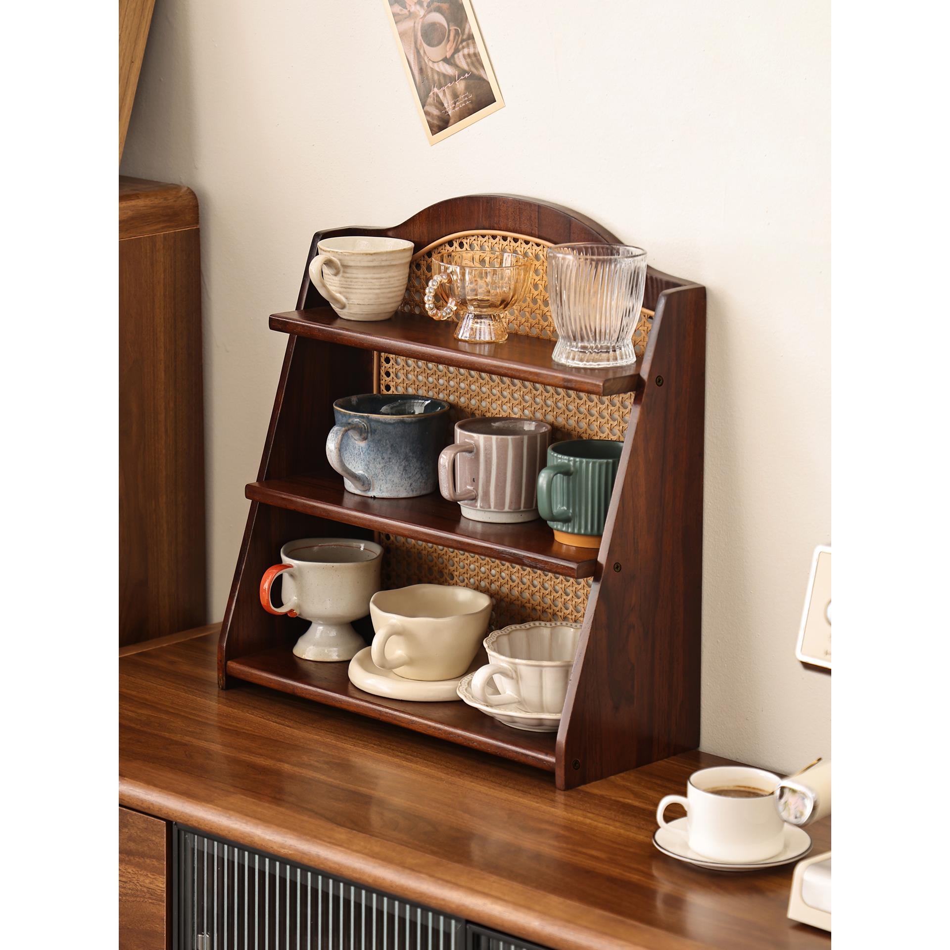 轻奢高级感杯子收纳架客厅餐桌置物架咖啡角水杯架实木藤编展示架