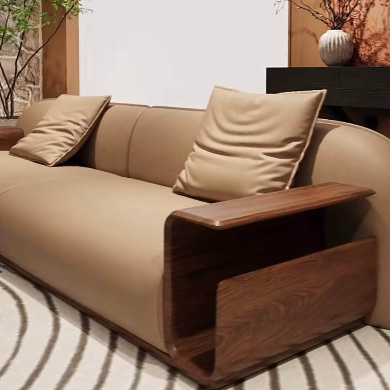 新中式北美黑胡桃木实木沙发组合高端现代别墅客厅真皮沙发