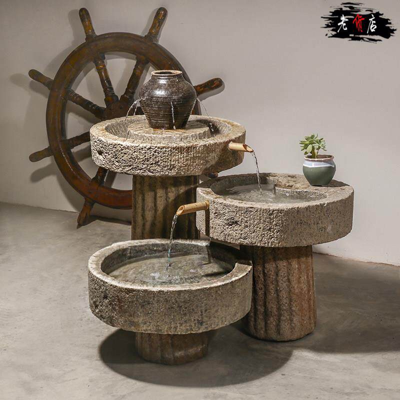天然老石槽流水旧石磨鱼缸石头花盆庭院阳台茶室中式水景组合摆件