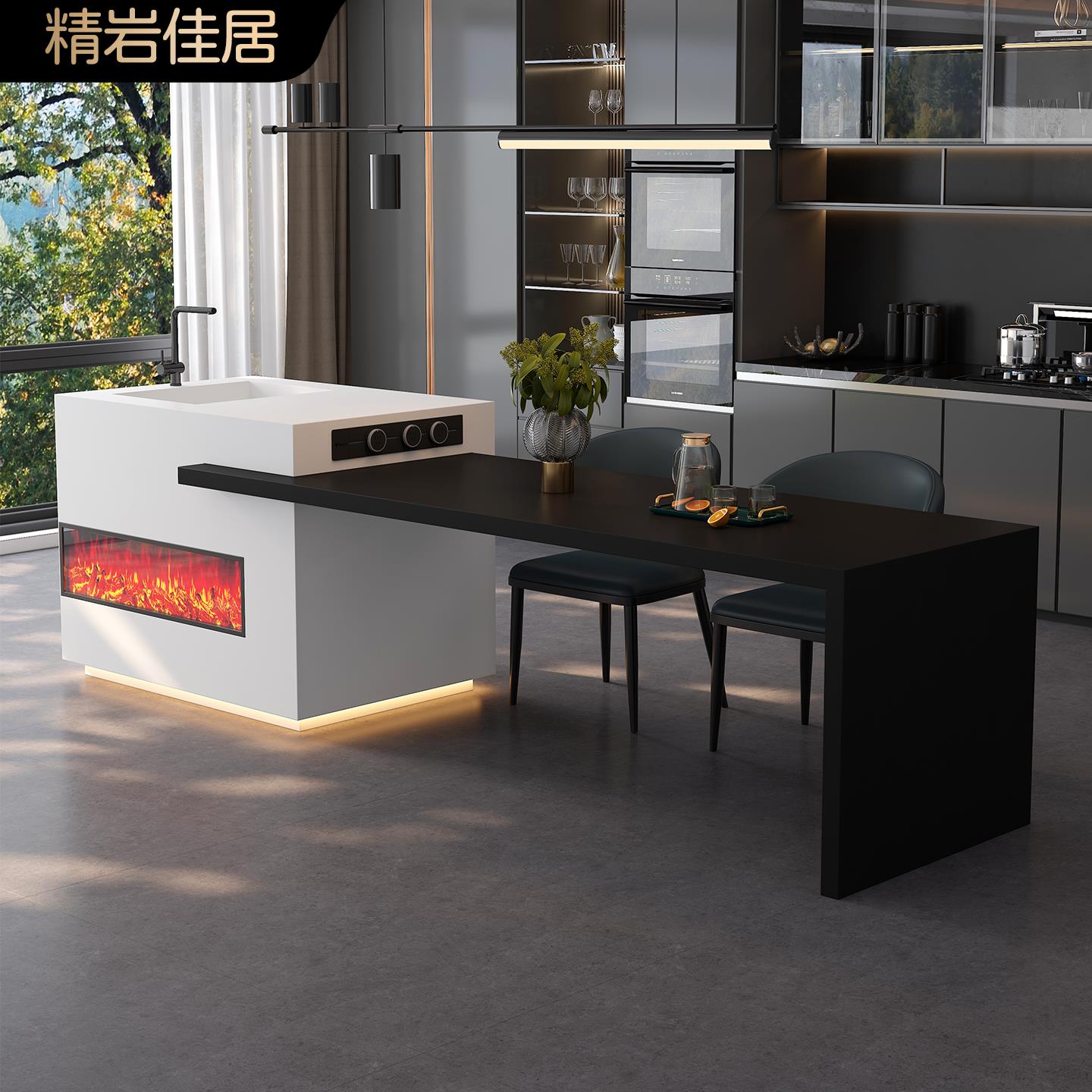 现代极简岛台餐桌一体家用可伸缩厨房餐厅倒台定制嵌入壁炉中导台