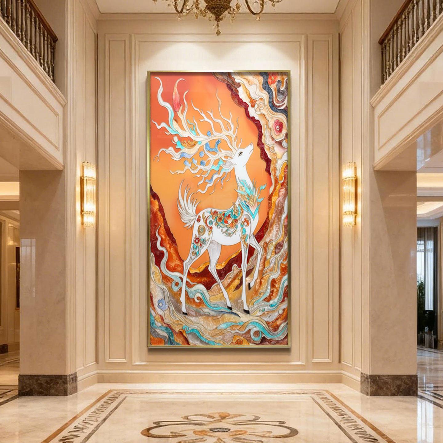 敦煌国风九色鹿玄关画珐琅彩新中式画客厅轻奢装饰画高端别墅挂画