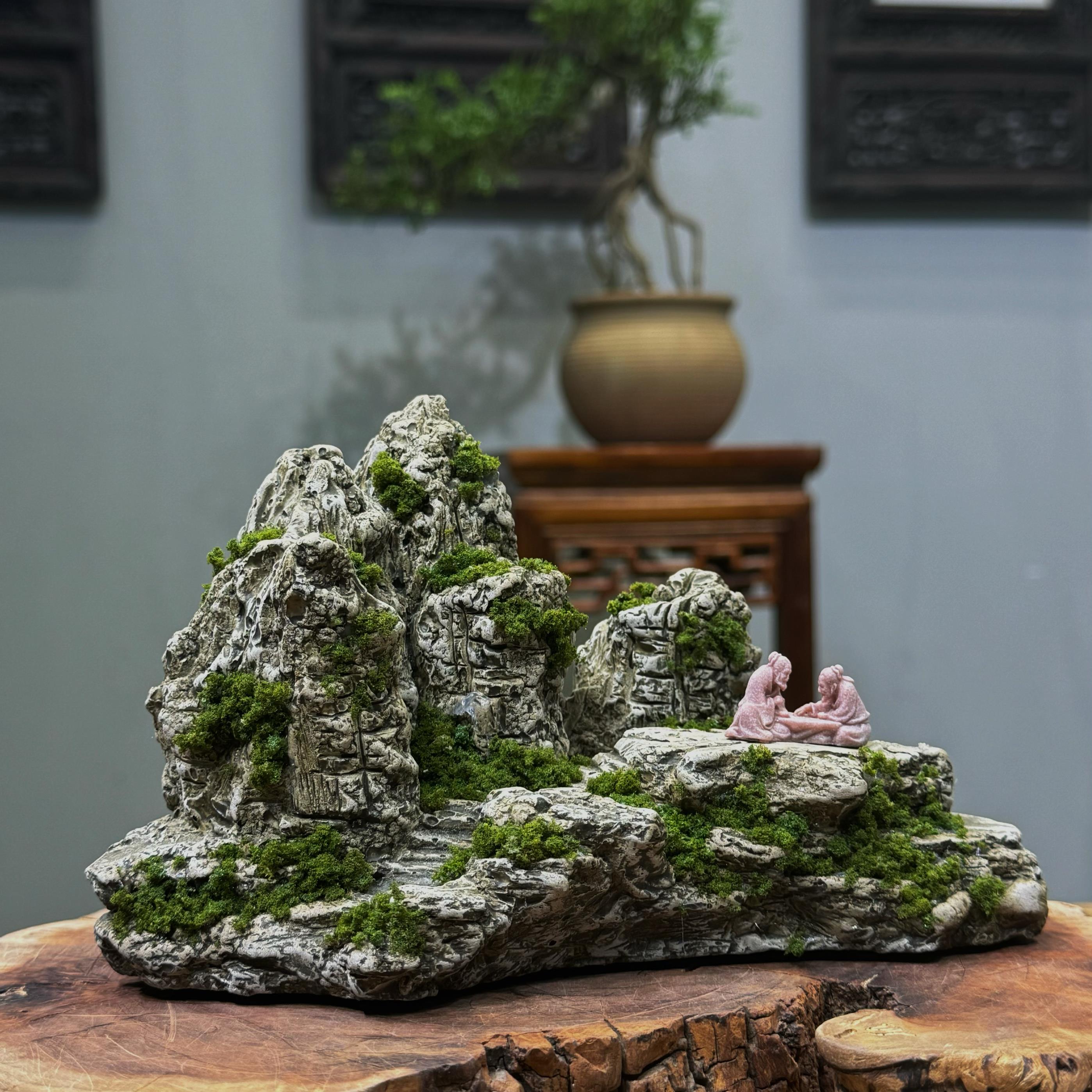 新中式覆古风格万寿假山桌面博古架书房花盆微景观装饰造景摆件