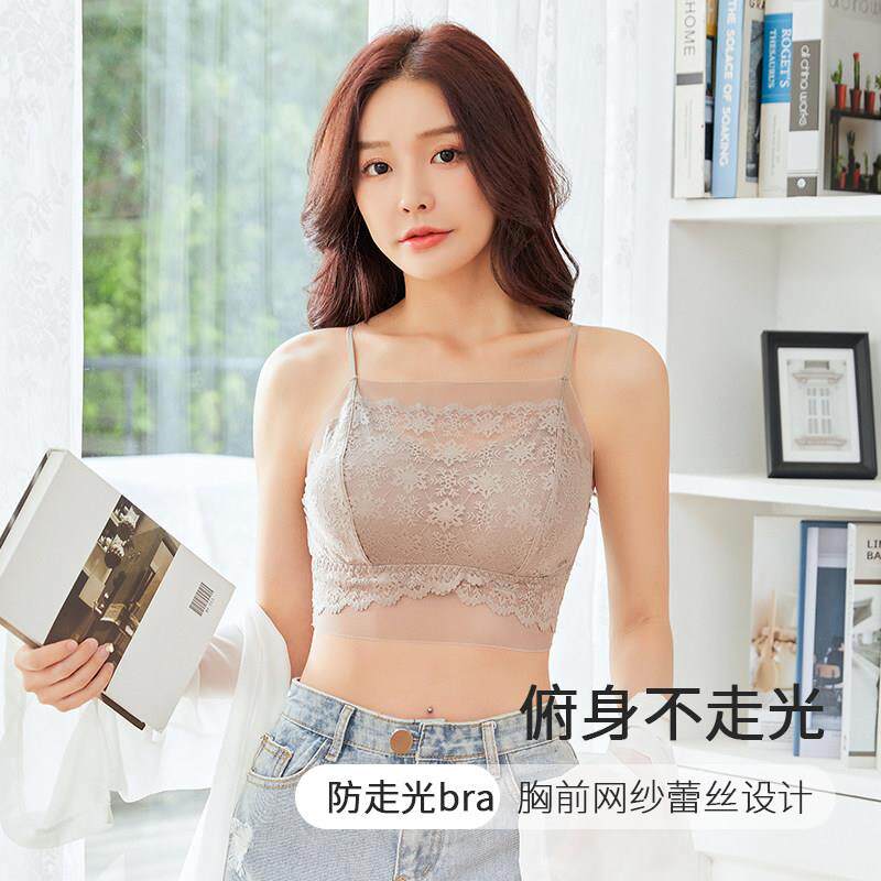 新欧货美背吊带胸垫内衣女背心一体式蕾丝防走光一字抹胸裹胸文胸