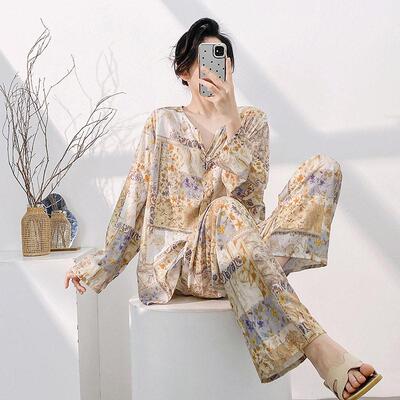 绵绸套装女睡衣夏国风款棉绸家居服清冷高级感人造棉可外穿大码