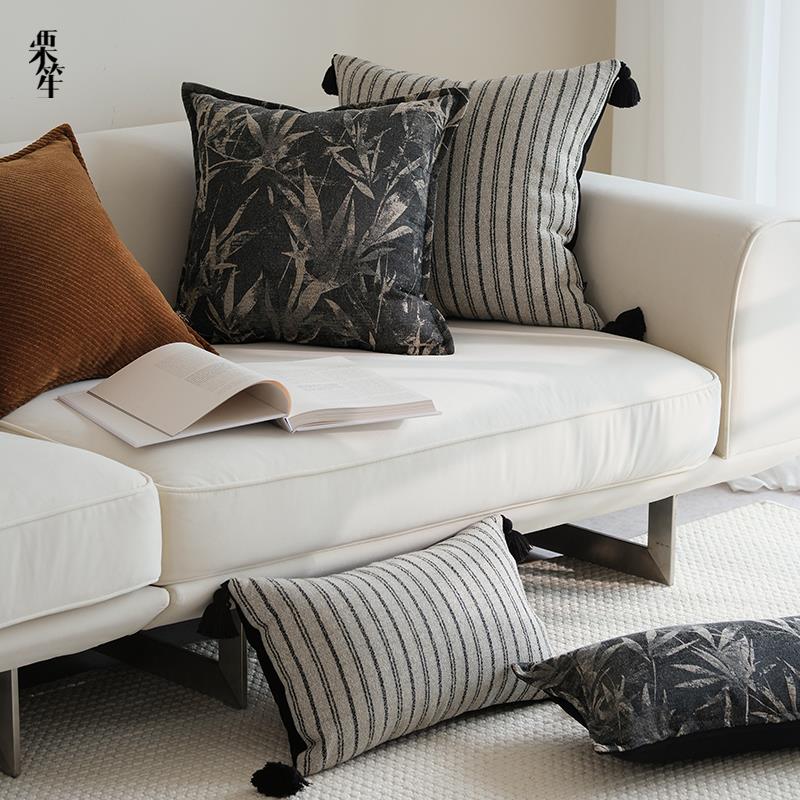 新中式复古感抱枕竹叶纹提花靠枕沙发客厅沙发靠枕民宿靠垫