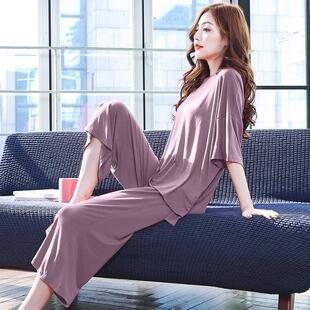 2025新款睡衣女夏季薄款莫代尔棉七分裤短袖带胸垫冰丝凉感家居服
