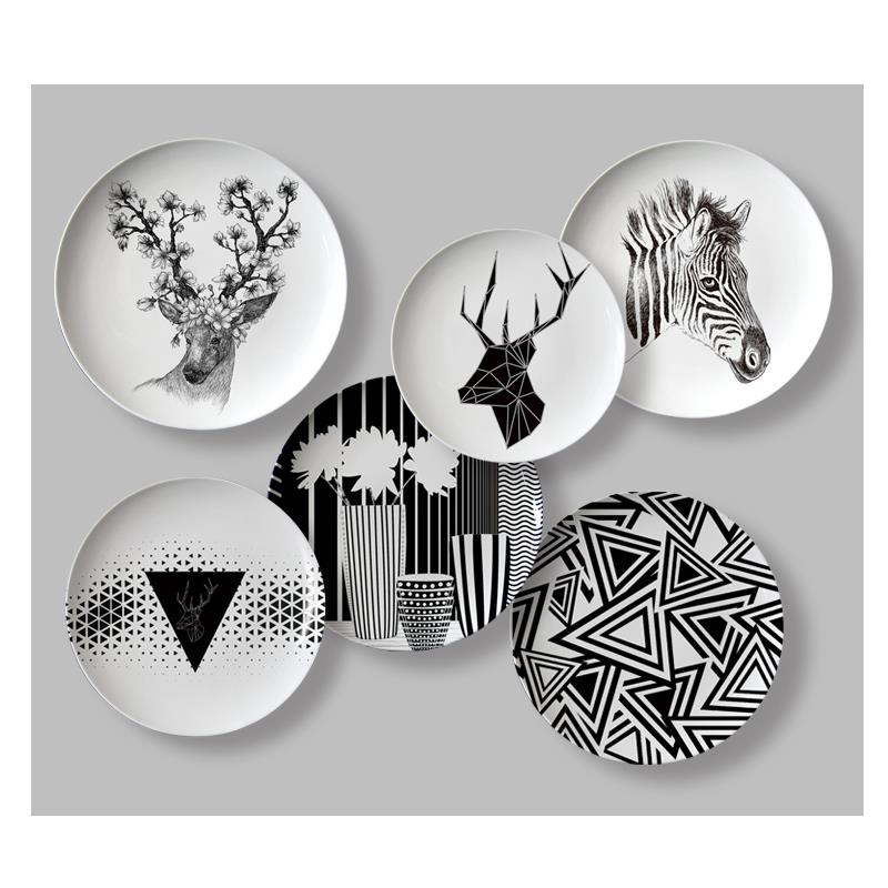 黑白色系挂盘装饰盘子陶瓷餐厅墙上面壁饰客厅工艺摆件瓷盘定制