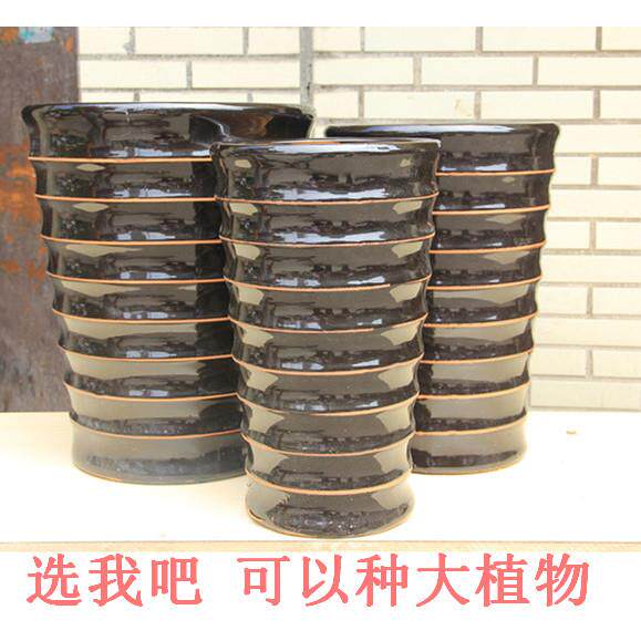 简约高筒黑螺纹特大陶瓷花盆金钻散尾葵发财树客厅落地陶瓷大花盆