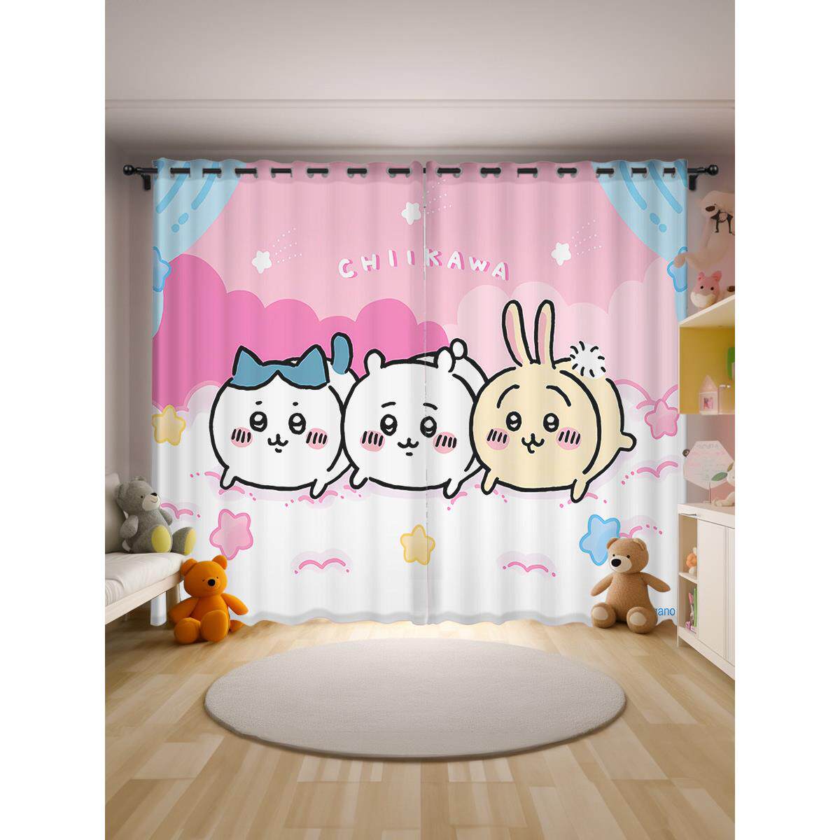 乌萨奇chiikawa卡通定制窗帘遮光儿童卧室飘窗可爱免打孔隔断布料