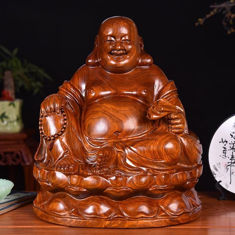黄花梨木雕笑佛像大肚坐莲弥勒佛摆件布袋佛家居装饰品红木工艺品