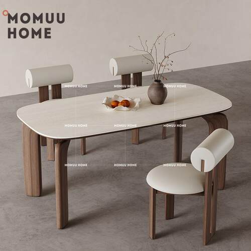 MOMUU实木岩板餐桌法式复古胡桃木色吃饭桌子现代简约小户型餐桌