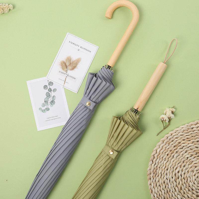 雨伞16骨小清新伞木手柄直杆伞彩虹伞日系长柄大号双人晴雨两用伞