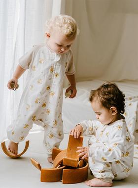 Nest Designs婴儿睡袋春款儿童纱布短袖拼接宝宝分腿睡袋春夏