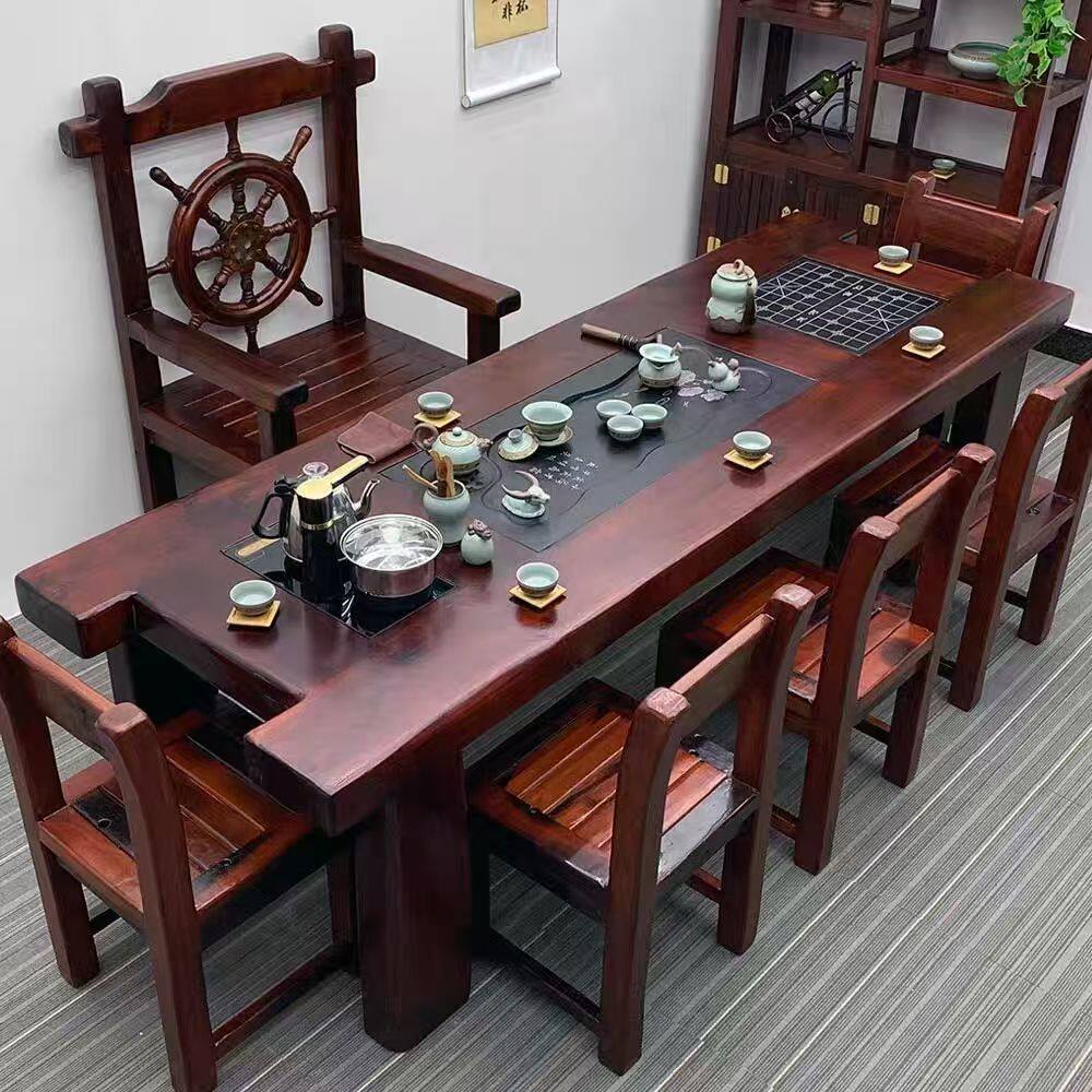 老船木茶桌椅组合新古典茶台办公室大款接待喝茶桌一体实木泡茶几