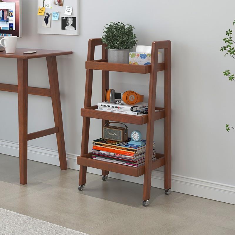 实木置物架收纳架带轮可移动小推车家用阳台花架多层边几桌旁书架
