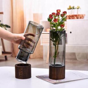 法兰晶ins风轻奢创意原木底座玻璃花瓶家居水培鲜花插花餐桌摆件