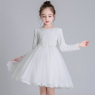 小女孩白色公主裙女童装连衣裙春秋冬裙儿童演Q出婚礼服蓬蓬纱裙