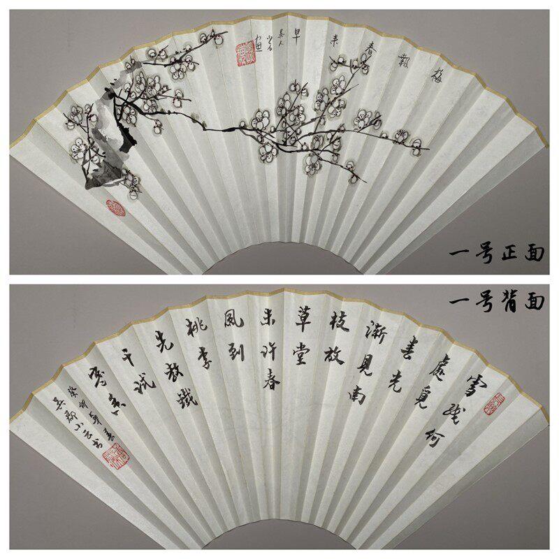 小云纯手绘苏工高档超薄宣纸扇面95寸正面花草背面提字绢布