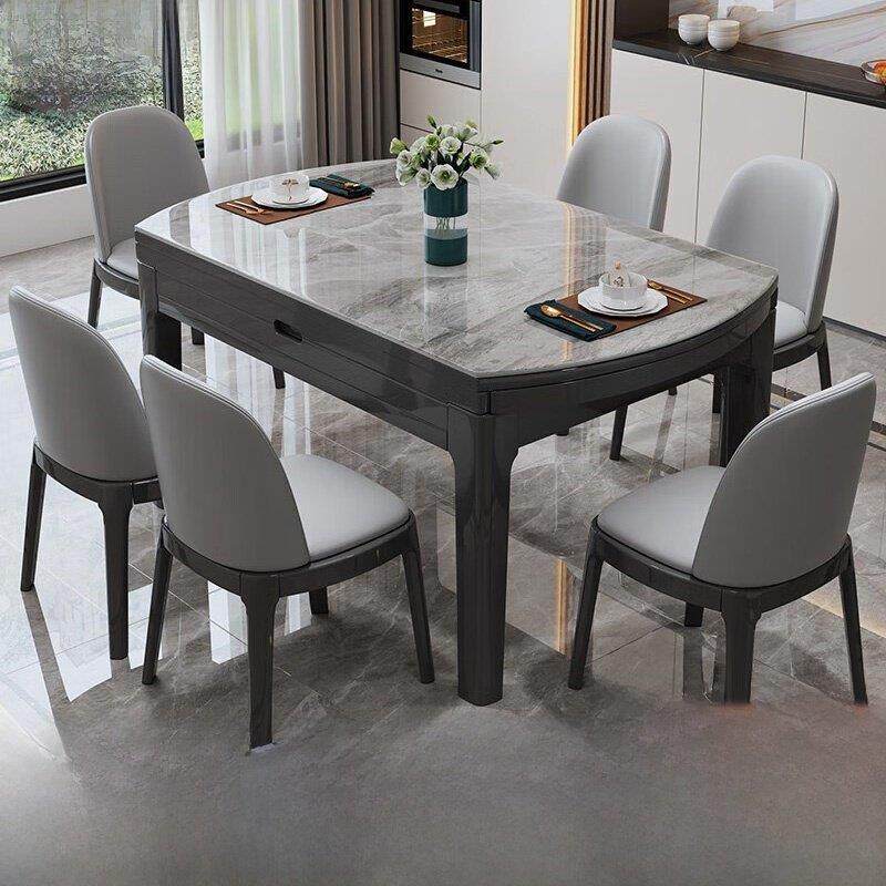 家庭小公寓板岩餐桌和椅子组合现代简单轻豪华实木折叠伸缩可变圆