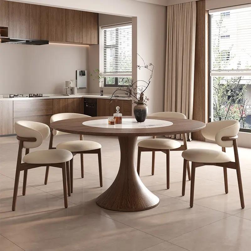 北欧实木圆餐桌中古风多功能暖菜电磁炉一体内嵌转盘圆桌2025新款